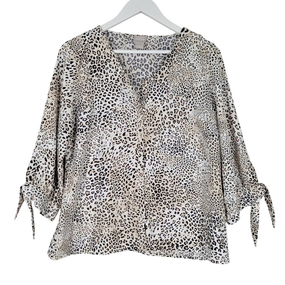 Chico's Leopard Print Blouse Womens 1 Size 8/10 Tan Black Tie Cuff V-Neck Button